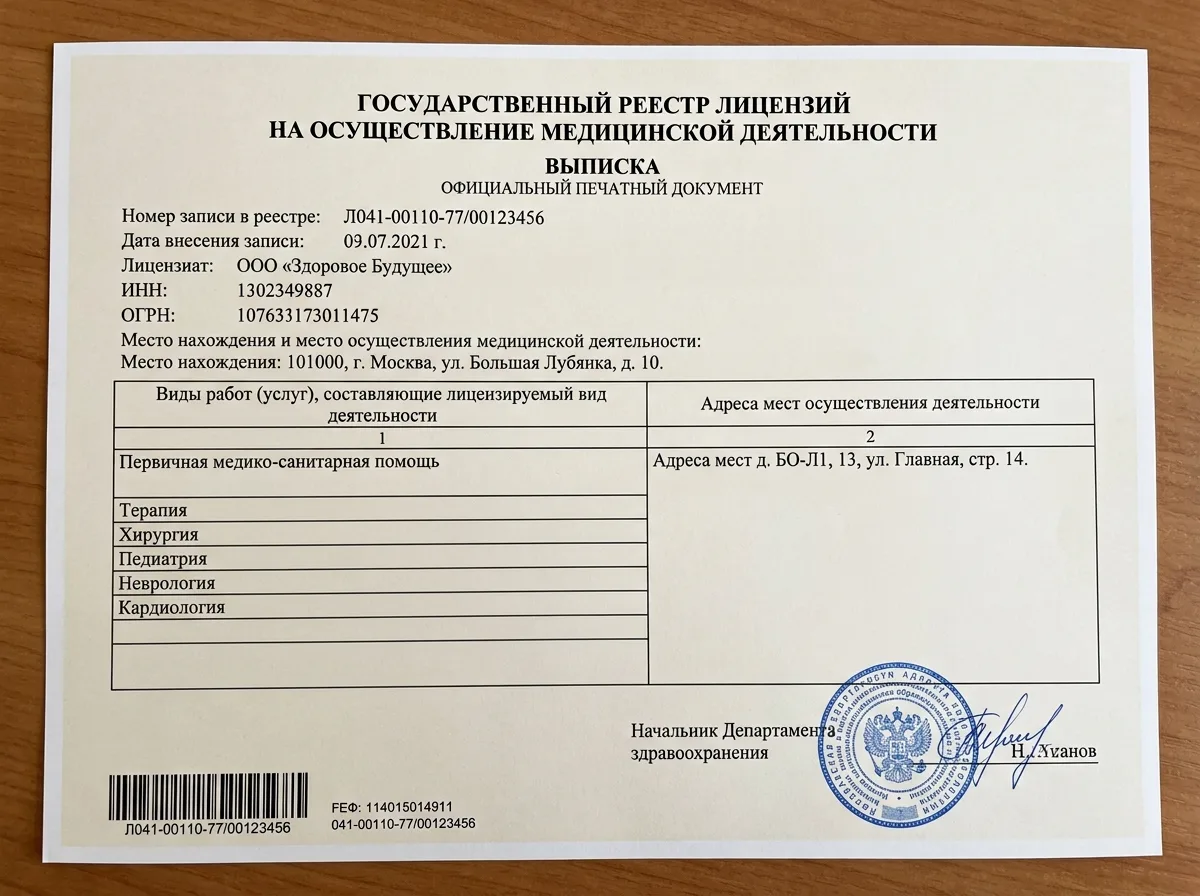Выписка из государственного реестра лицензий на медицинскую деятельность, официальный распечатанный документ